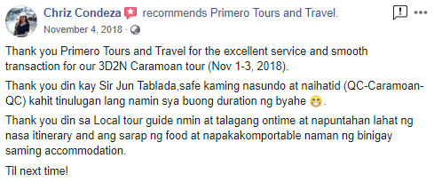 Caramoan Tour Package Reviews - Primero Tours and Travel - Chriz Condeza