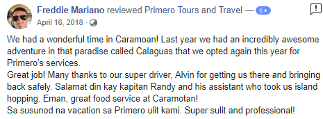 Caramoan Tour Package Reviews - Primero Tours and Travel - Freddie Mariano