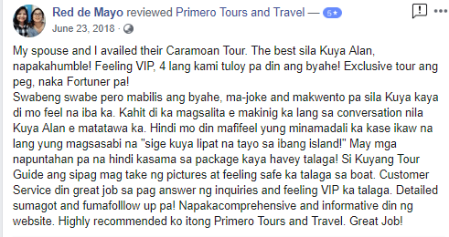 Caramoan Tour Package Reviews - Primero Tours and Travel - Red de Mayo